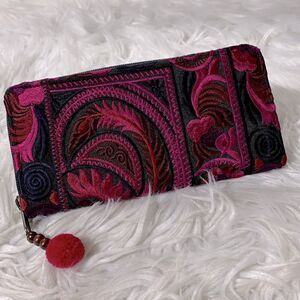 EMBROIDERED long wallet zip around zippered compartment card/currency slots